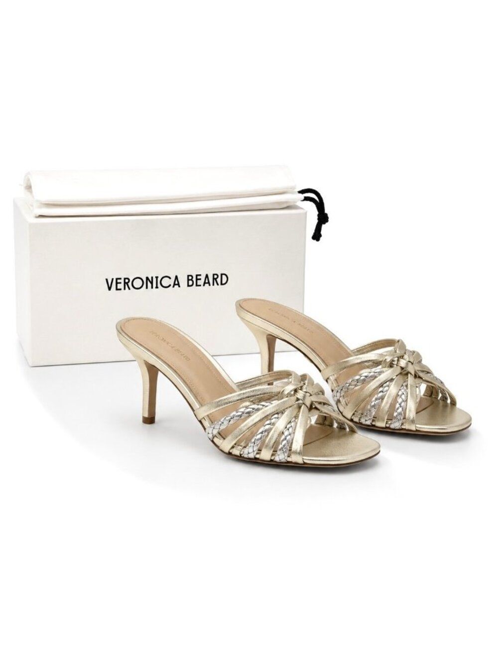Veronica Beard Misa Knot Front Platinum Metallic Leather Heel Sandal Women's 7.5